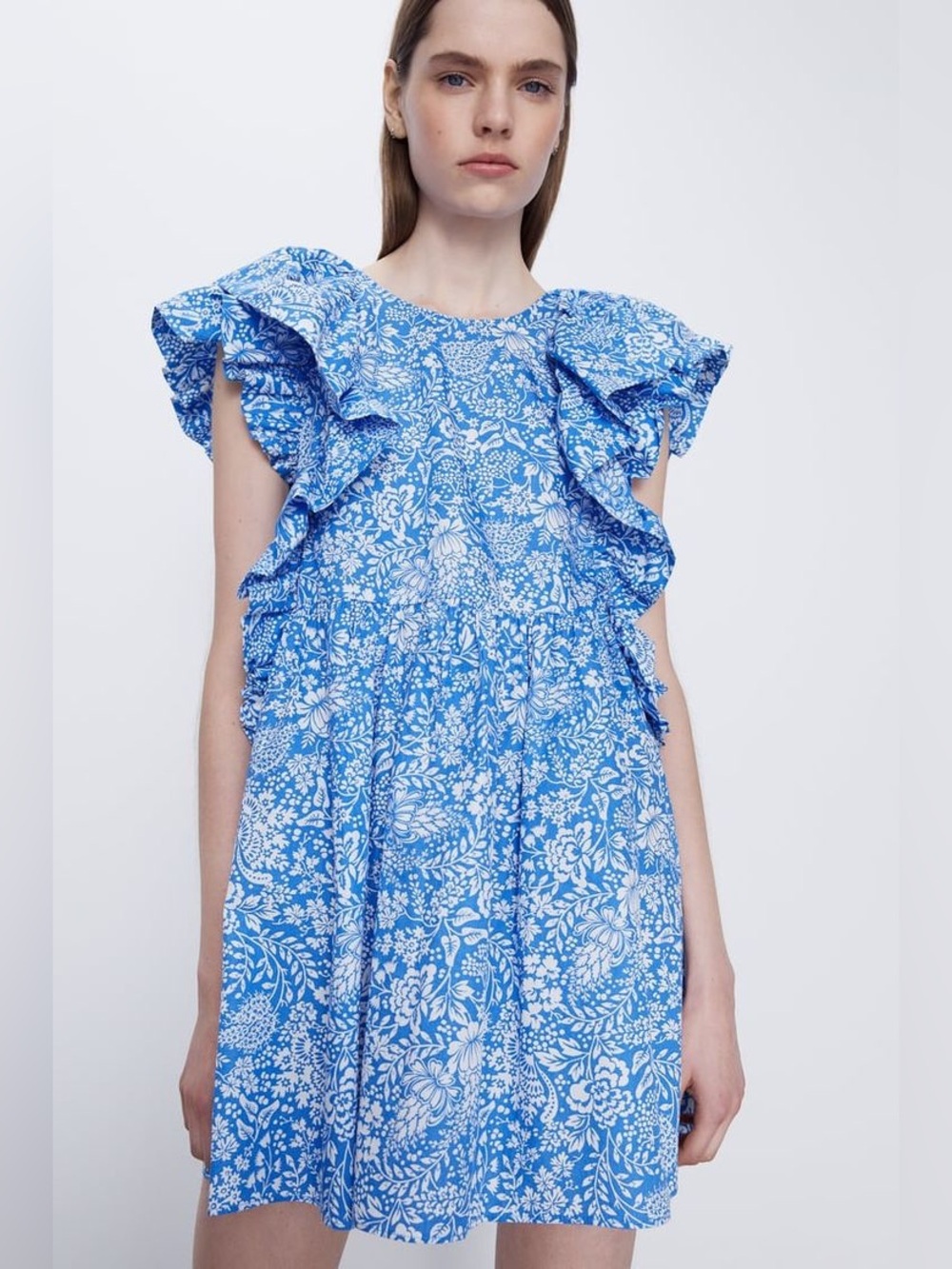 Zara Blue & White Floral Ruffle Mini Dress